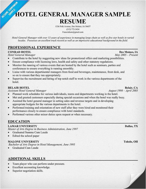 Hotel General Manager Resume Sample Pdf Resume Samples and How to Write A Resume
