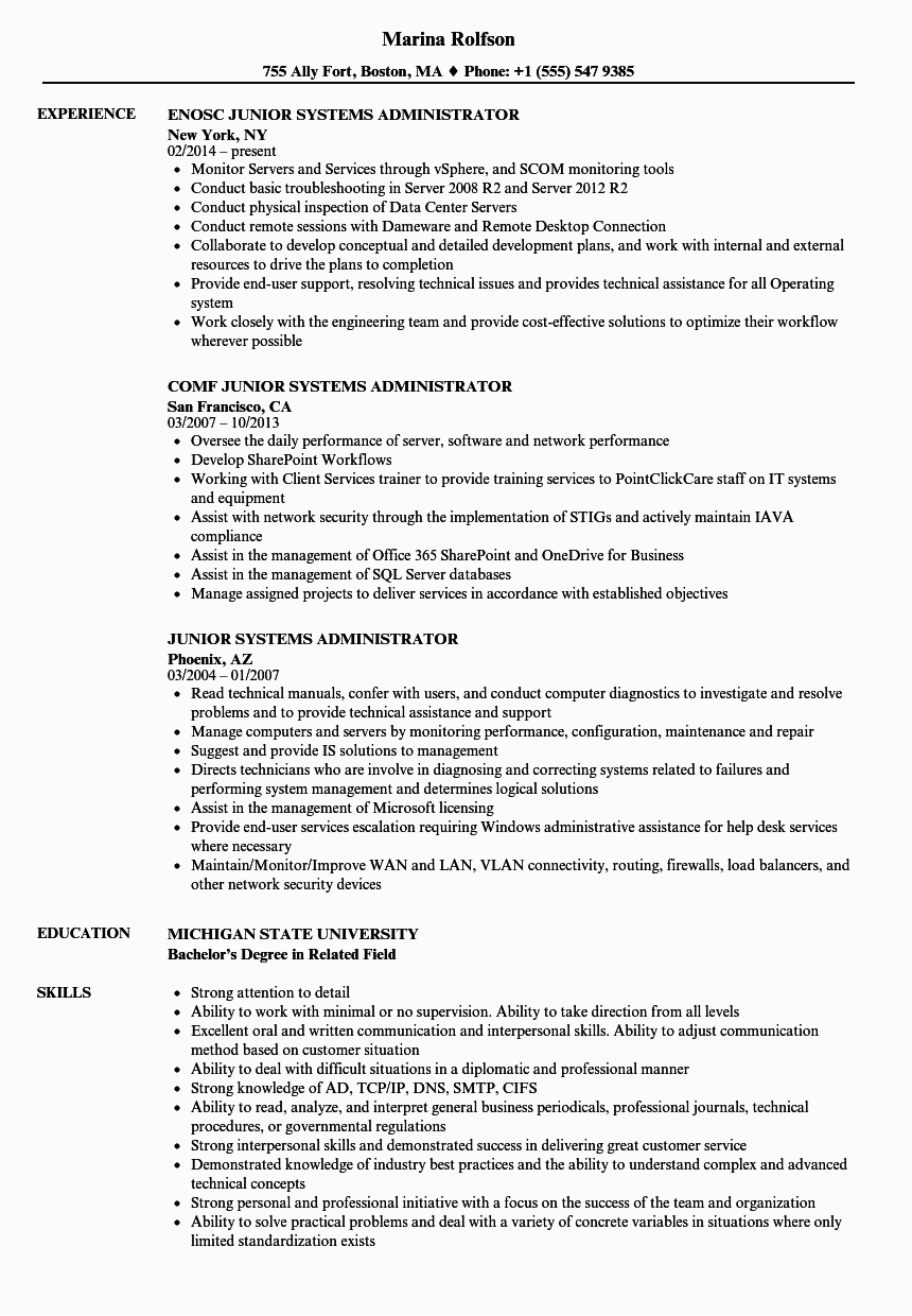 Junior Linux System Administrator Resume Sample Junior Systems Administrator Resume Samples