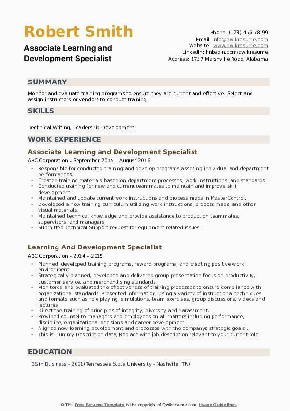 Learning and Development Specialist Resume Sample Learning and Development Specialist Resume Samples