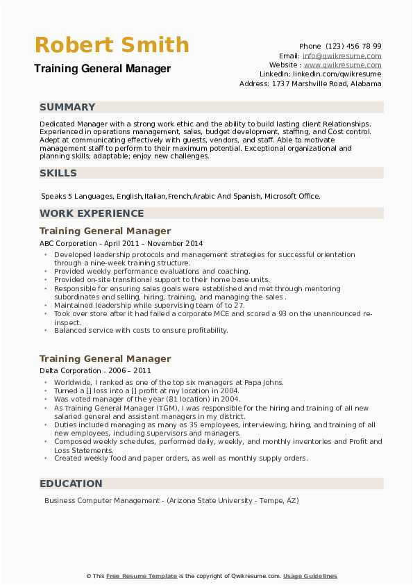 Manager Of Employee Training Sample Resumes Training General Manager Resume Samples
