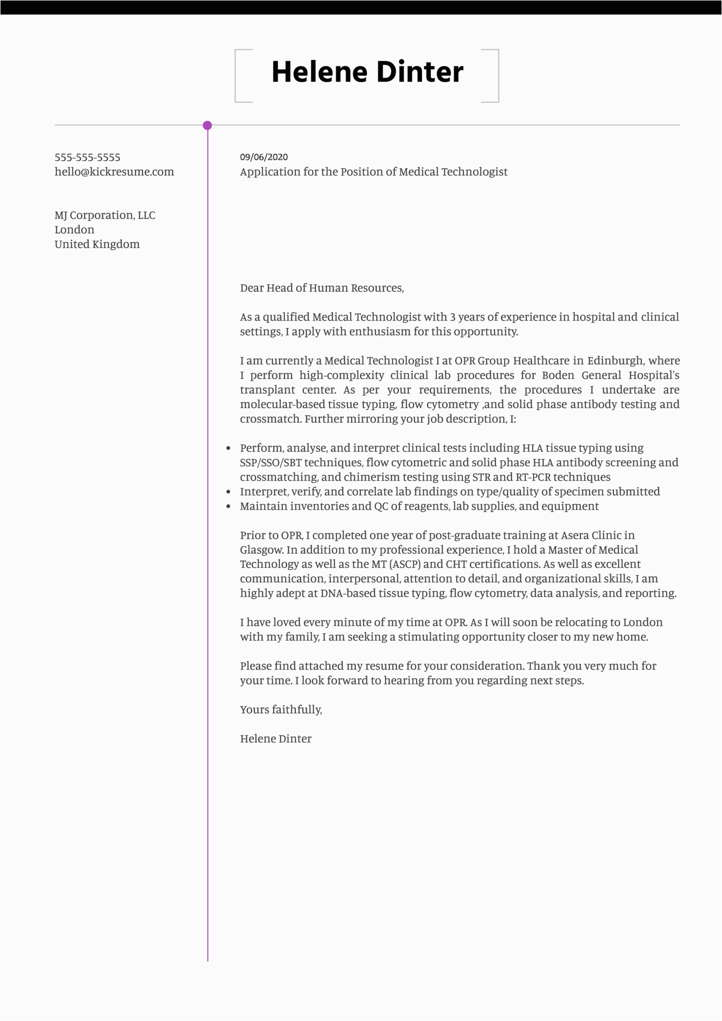 Medical Technologist Resume and Cover Letter Templates Medical Technologist Cover Letter Example