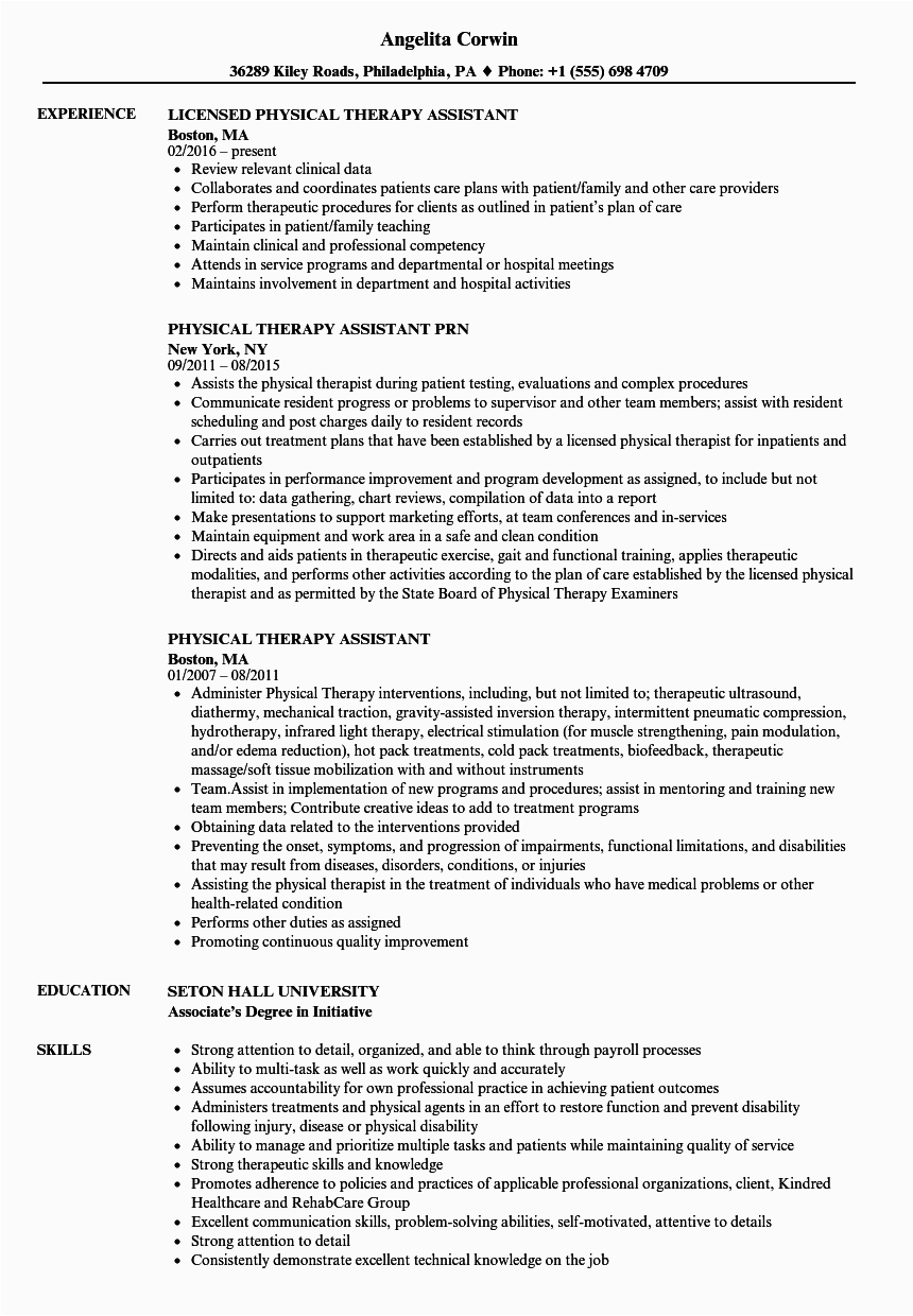 Physical therapy assistant Resume Templates New Graduate Physical therapy assistant Resume Samples