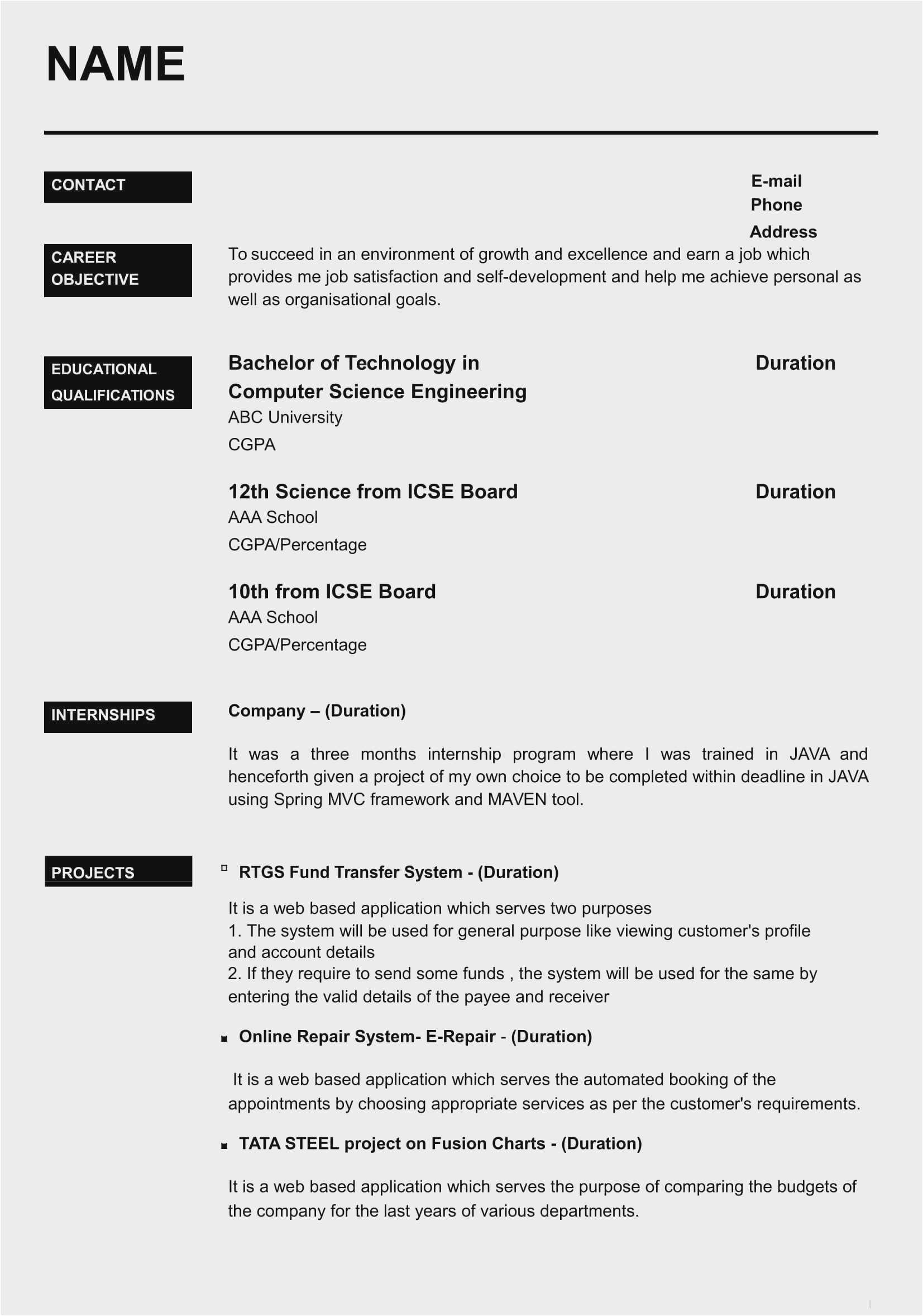Professional Resume Templates for Freshers Free Download Resume format for Freshers Sample 56 Examples