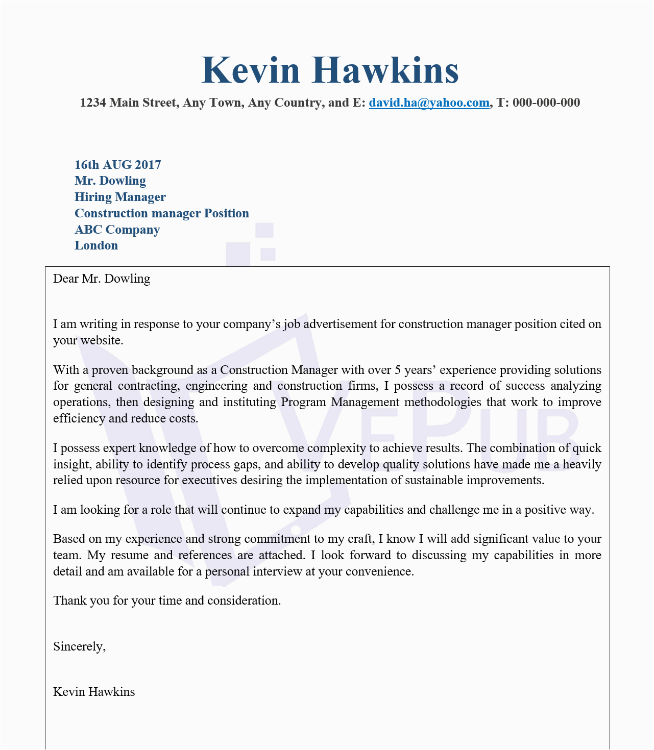 Resume Cover Letter Samples for Construction Manager Cover Letter Marine Engineer Business Service