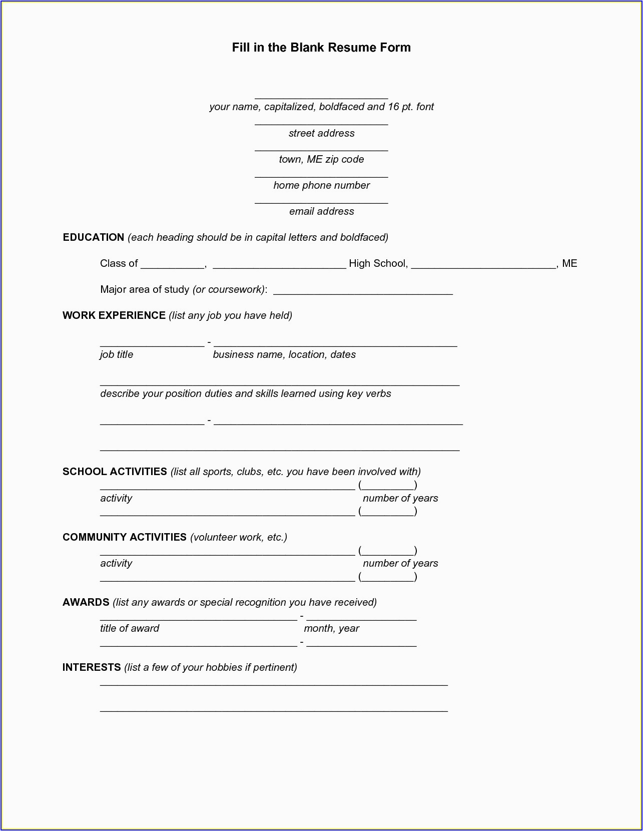 Resume Fill In the Blank Template Fill In the Blank Resume Templates for Microsoft Word