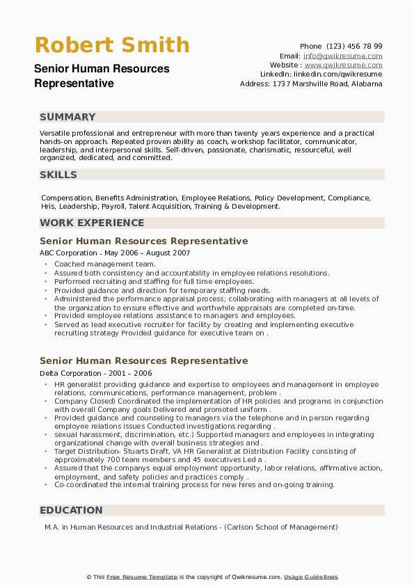 Resume Headline Samples for Human Resources Senior Human Resources Representative Resume Samples