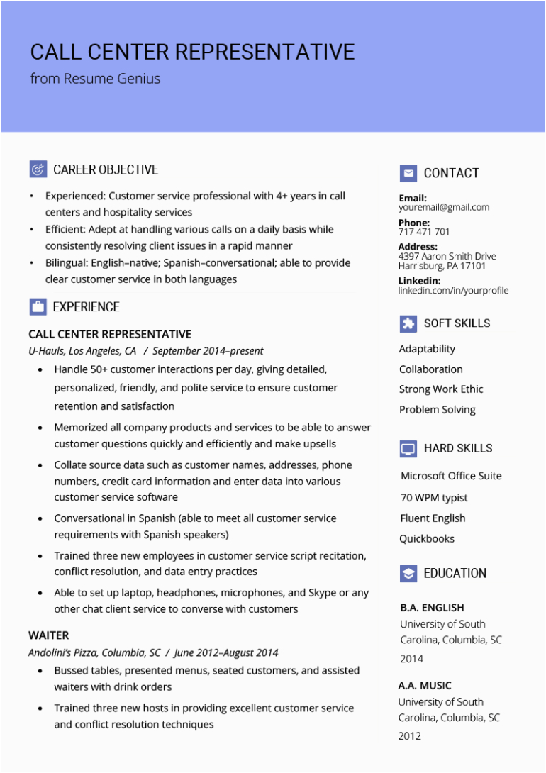 Resume Objective Sample for Call Center Free Call Center Resume Template with Simple and Elegant Look