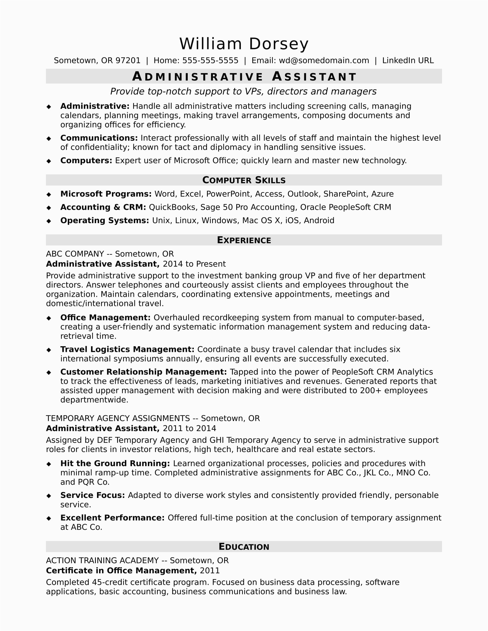 Resume Profile Samples for Admin assistant Midlevel Administrative assistant Resume Sample