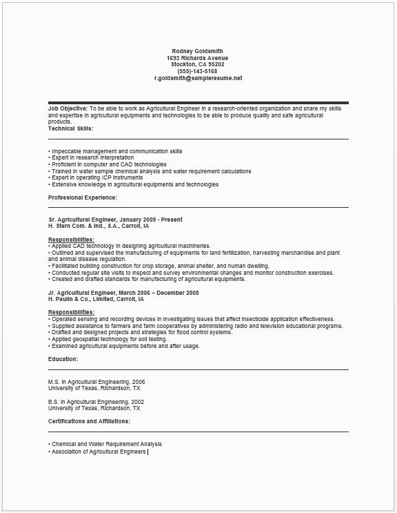 Resume Sample for Agricultural Engineering Freshers Agricultural Engineer Resume Resume Job