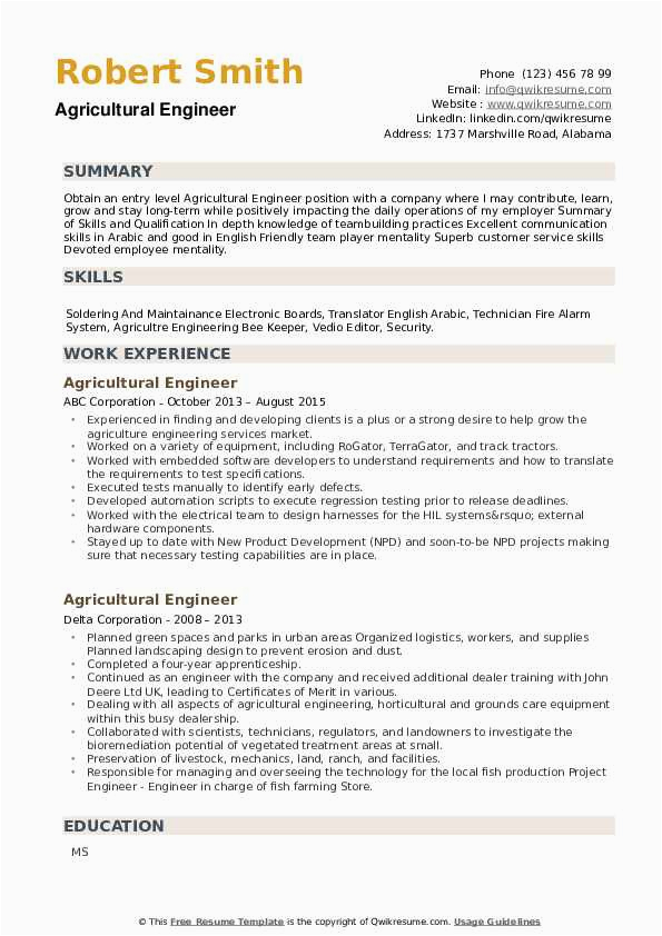 Resume Sample for Agricultural Engineering Freshers Agricultural Engineer Resume Samples