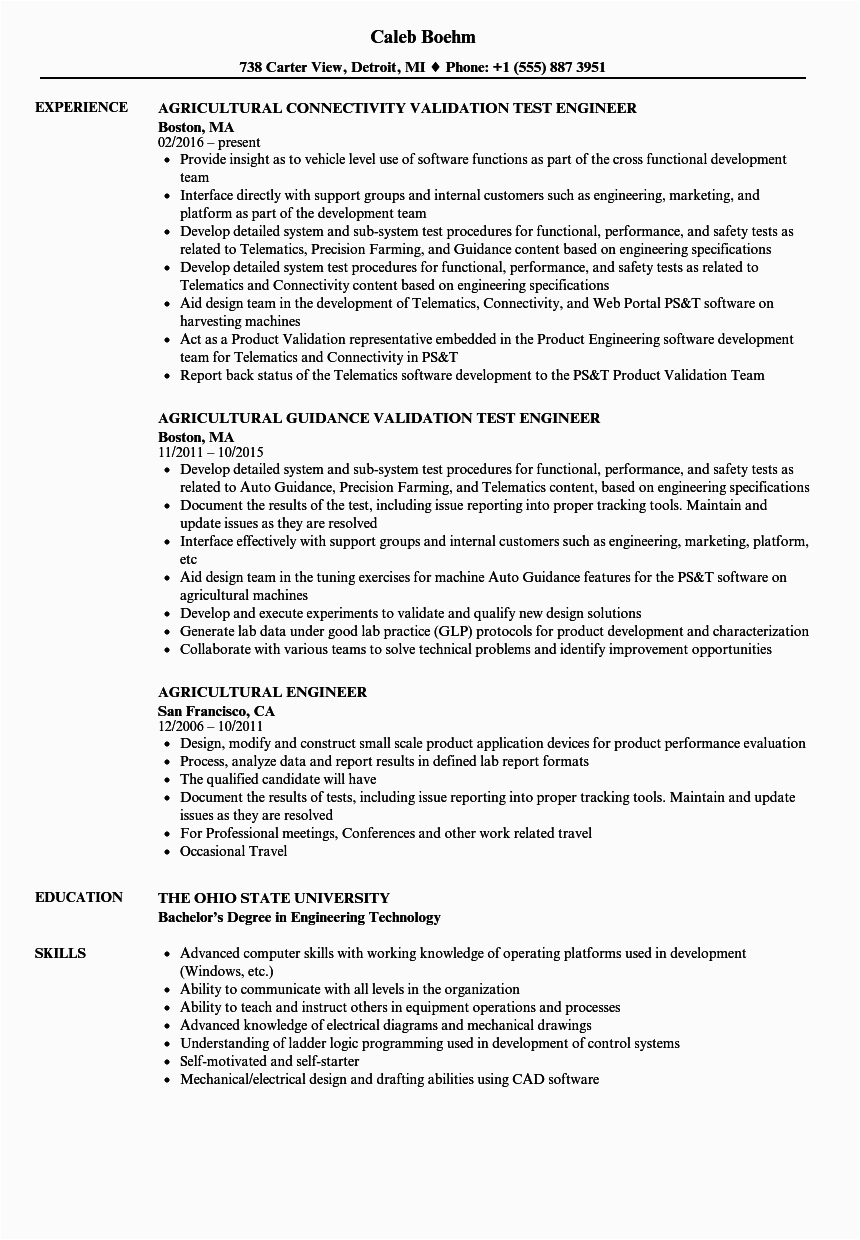 Resume Sample for Agricultural Engineering Freshers Agricultural Engineer Resume Samples