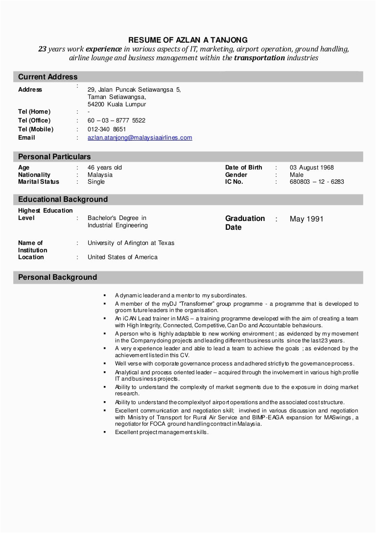 Resume Sample for Airport Ground Staff Resume Of Azlan A Tanjong 2014