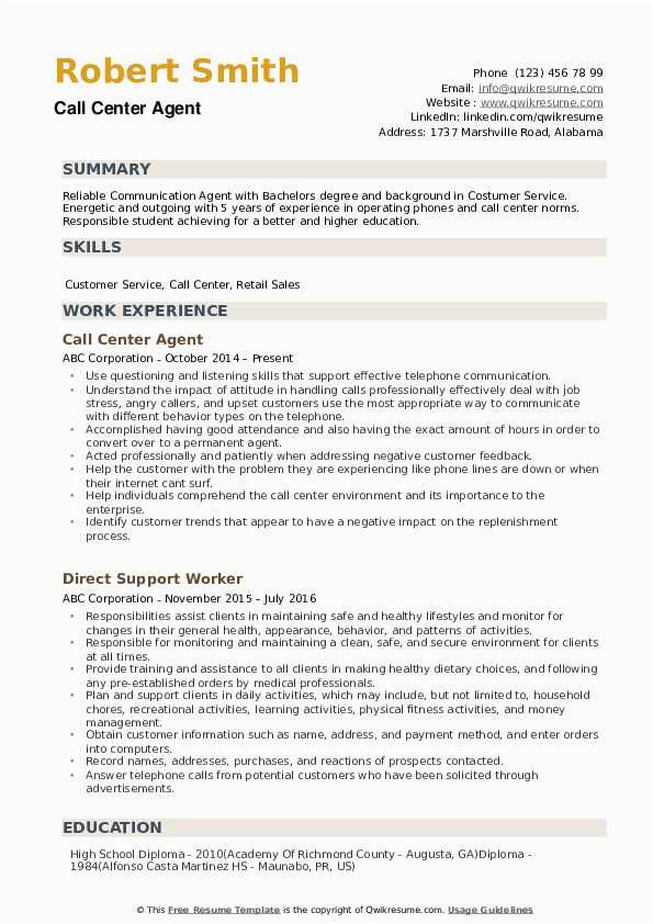 Resume Sample for Call Center with Experience Call Center Agent Resume Samples