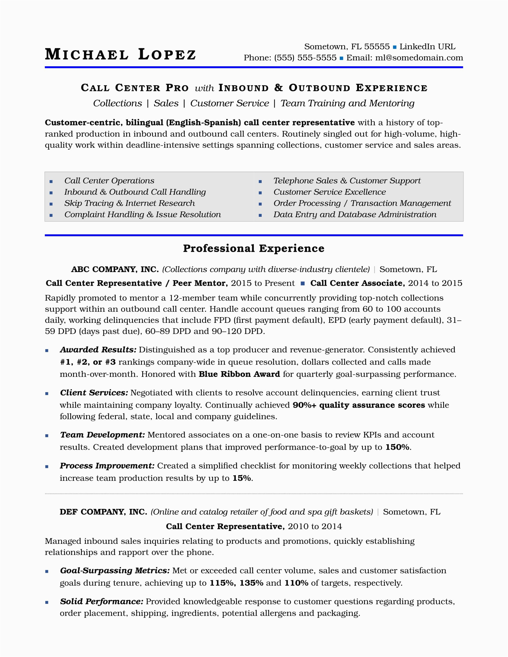 Resume Sample for Call Center with Experience Call Center Resume Sample