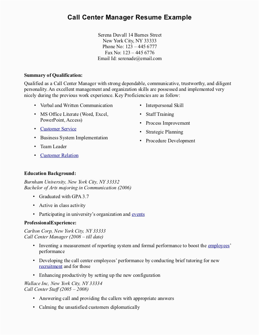Resume Sample for Call Center with Experience Call Center Resume Samples