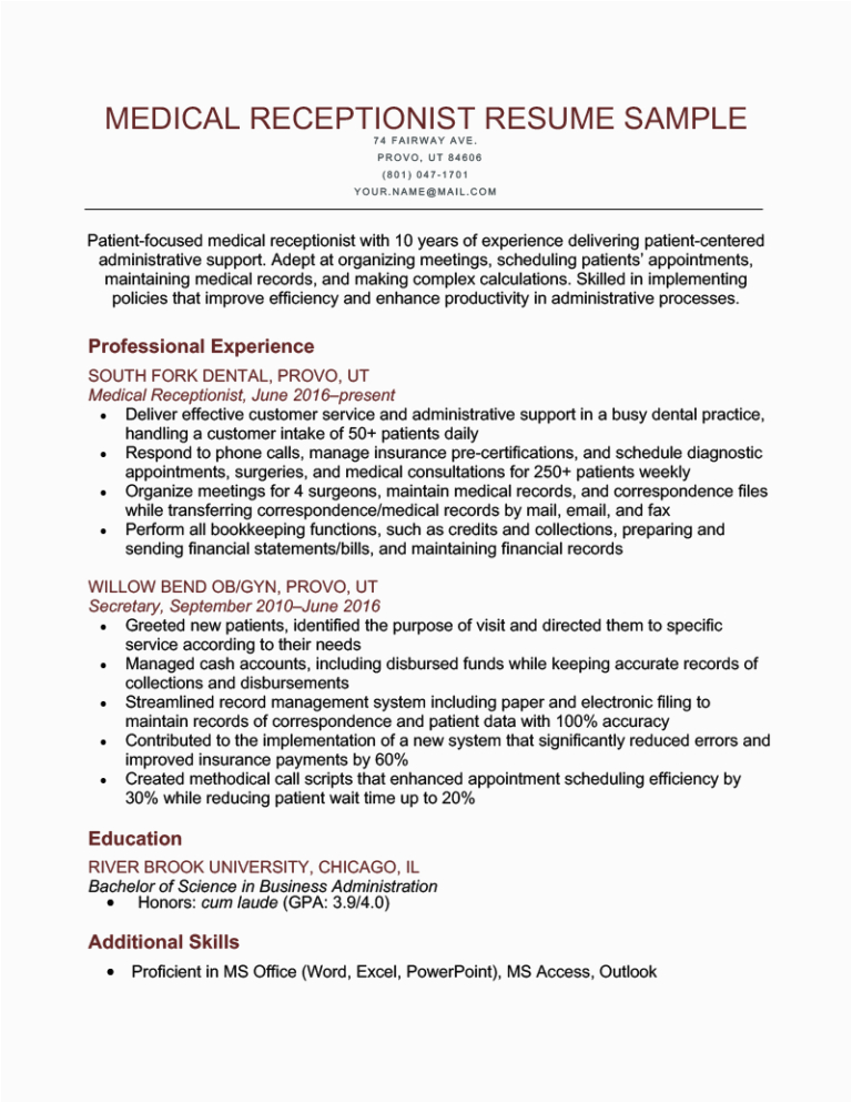 Resume Sample for Medical Office Receptionist Medical Receptionist Resume [sample for Download]