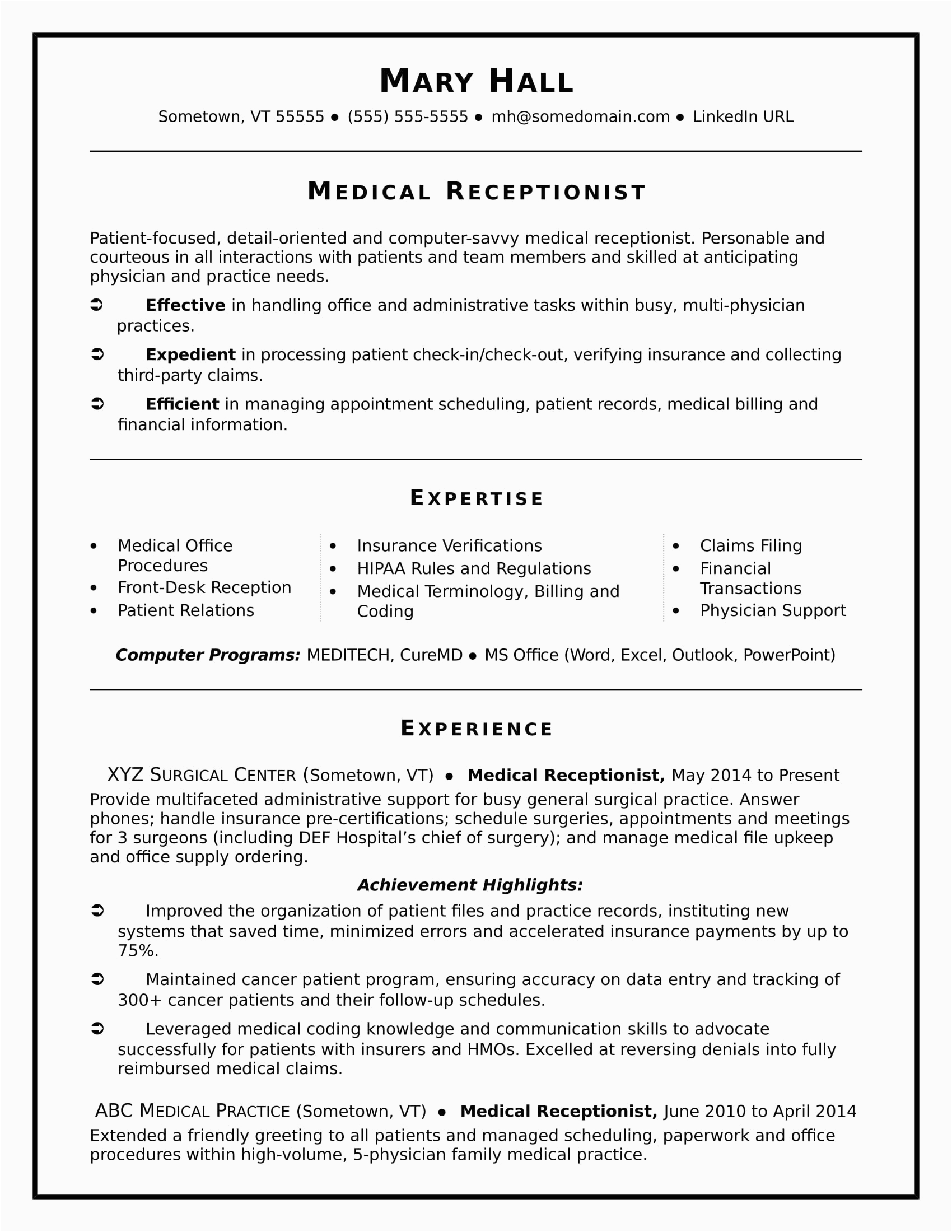 Resume Sample for Medical Office Receptionist Medical Receptionist Resume Sample
