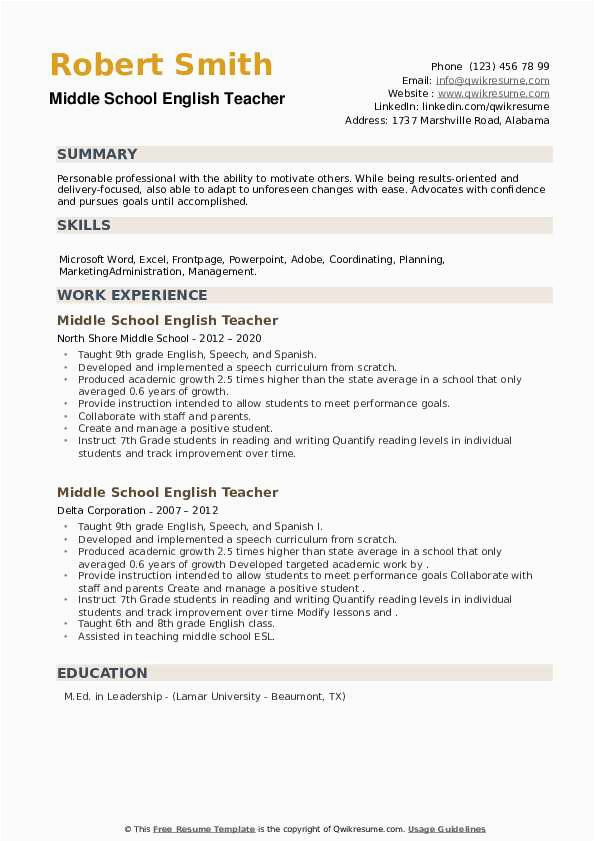 Resume Sample for Middle School Teacher Middle School English Teacher Resume Samples