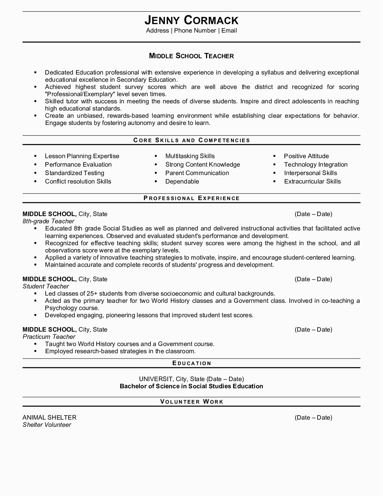 Resume Sample for Middle School Teacher Middle School Teacher Resume Examples