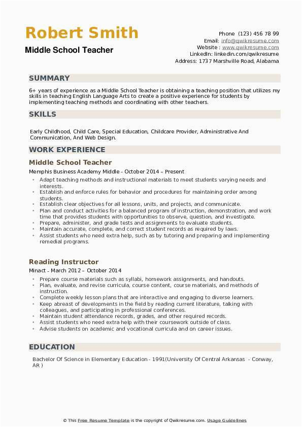 Resume Sample for Middle School Teacher Middle School Teacher Resume Samples