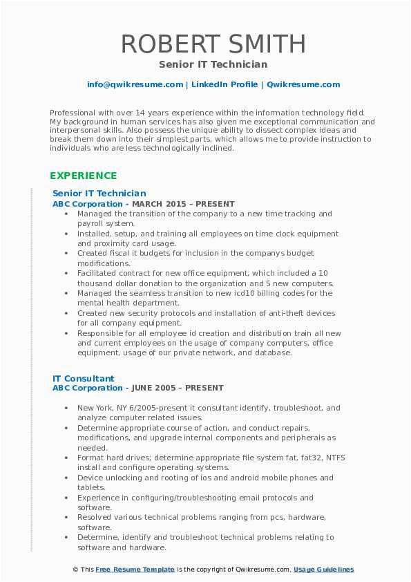 Resume Summary Samples for It Professionals It Technician Resume Samples