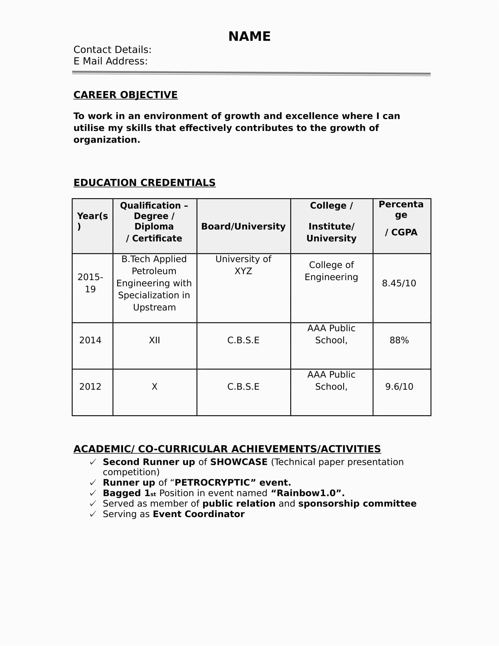 Resume Template Download for Engineering Freshers Resume formats for 2020