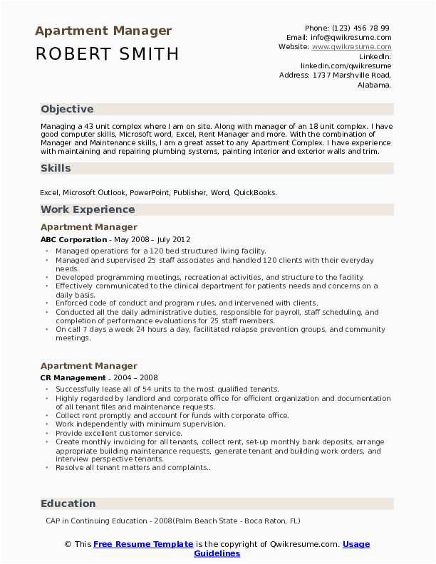 Resume Template for Apartment Property Manager Apartment Manager Resume Samples