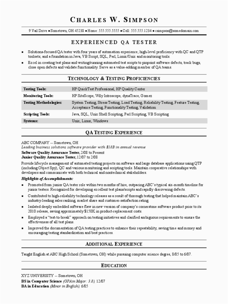 Resume Template for Experienced software Tester Sample Resume Qa software Tester Midlevel