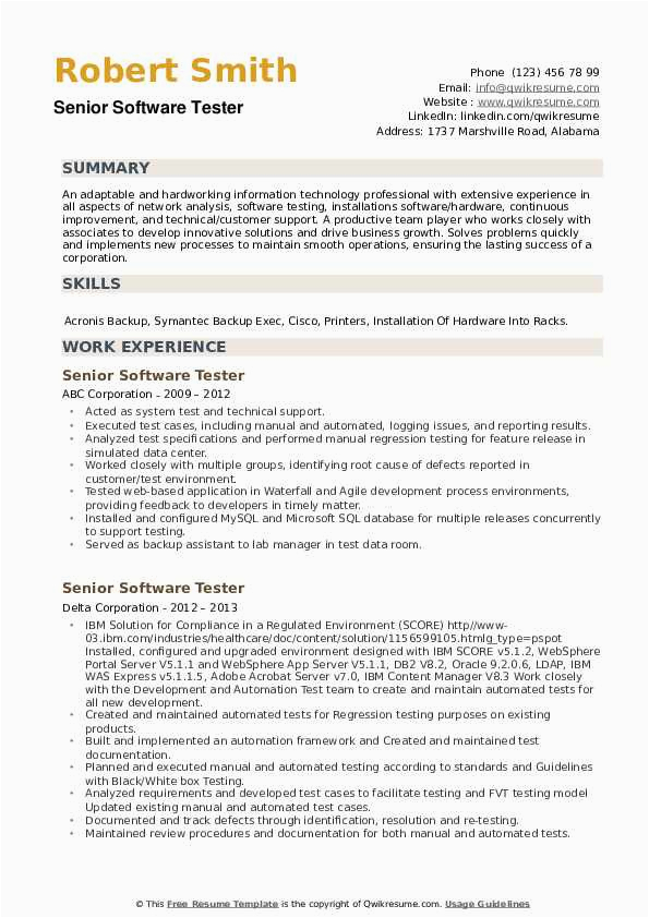 Resume Template for Experienced software Tester Senior software Tester Resume Samples