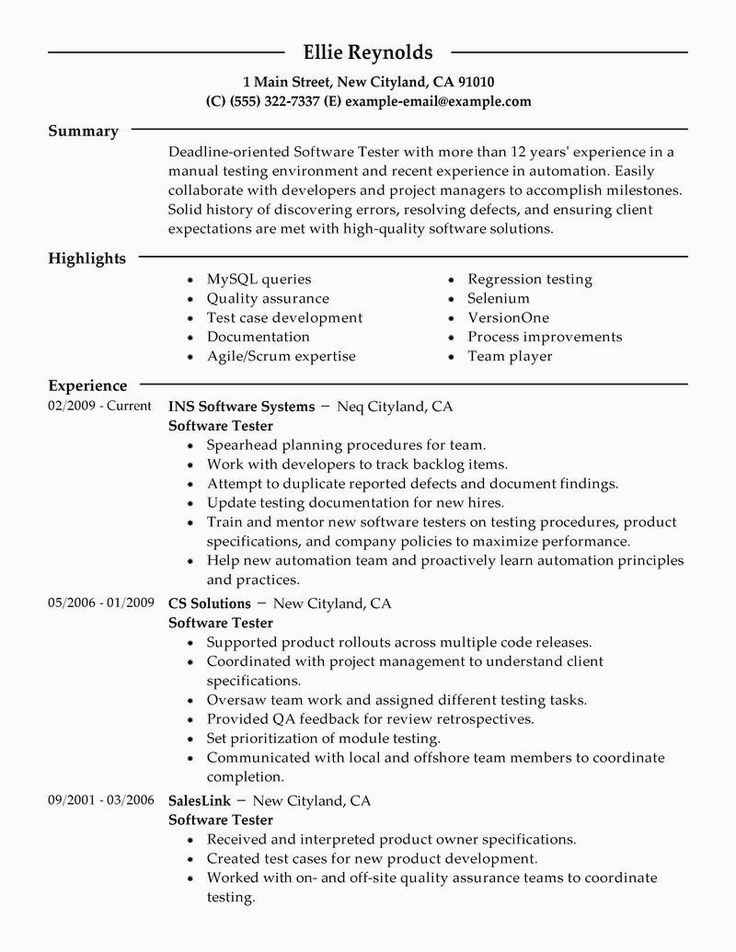 Resume Template for Experienced software Tester software Testing