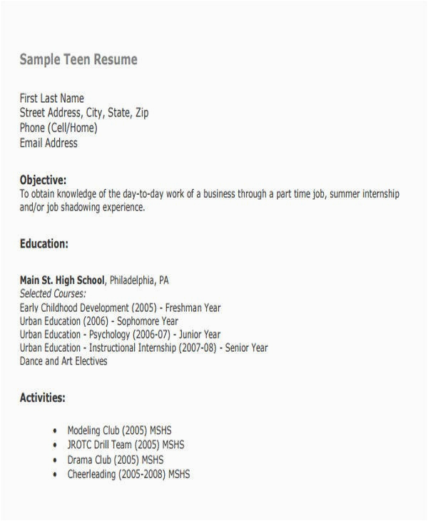 Resume Template for First Job Teenager 14 First Resume Templates Pdf Doc