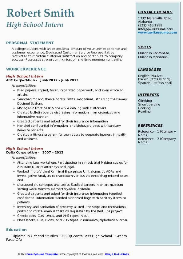 Resume Template for High School Student Internship High School Intern Resume Samples