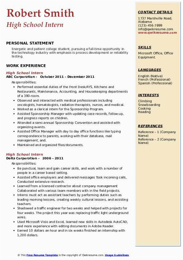 Resume Template for High School Student Internship High School Intern Resume Samples