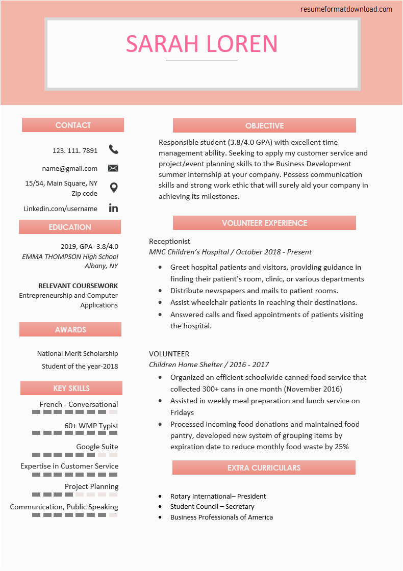 Resume Template for High School Student Internship Student Resume for Internship Database Letter Templates