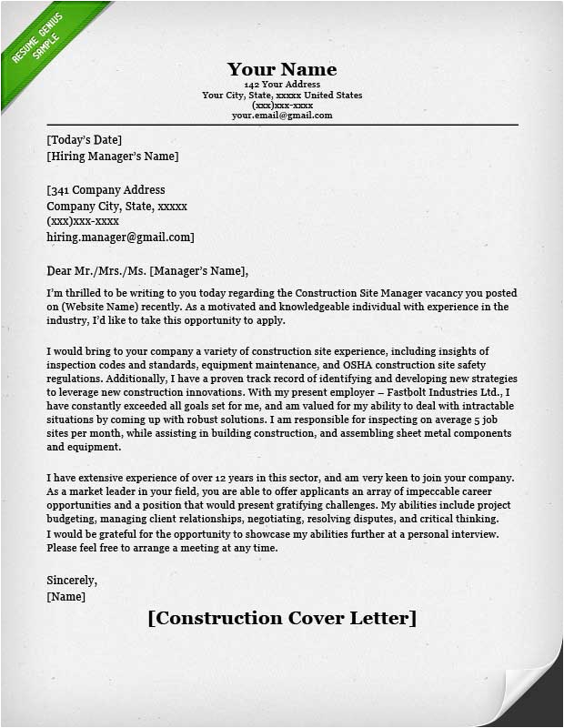 Sample Cover Letter for Construction Resume Construction Cover Letter Samples