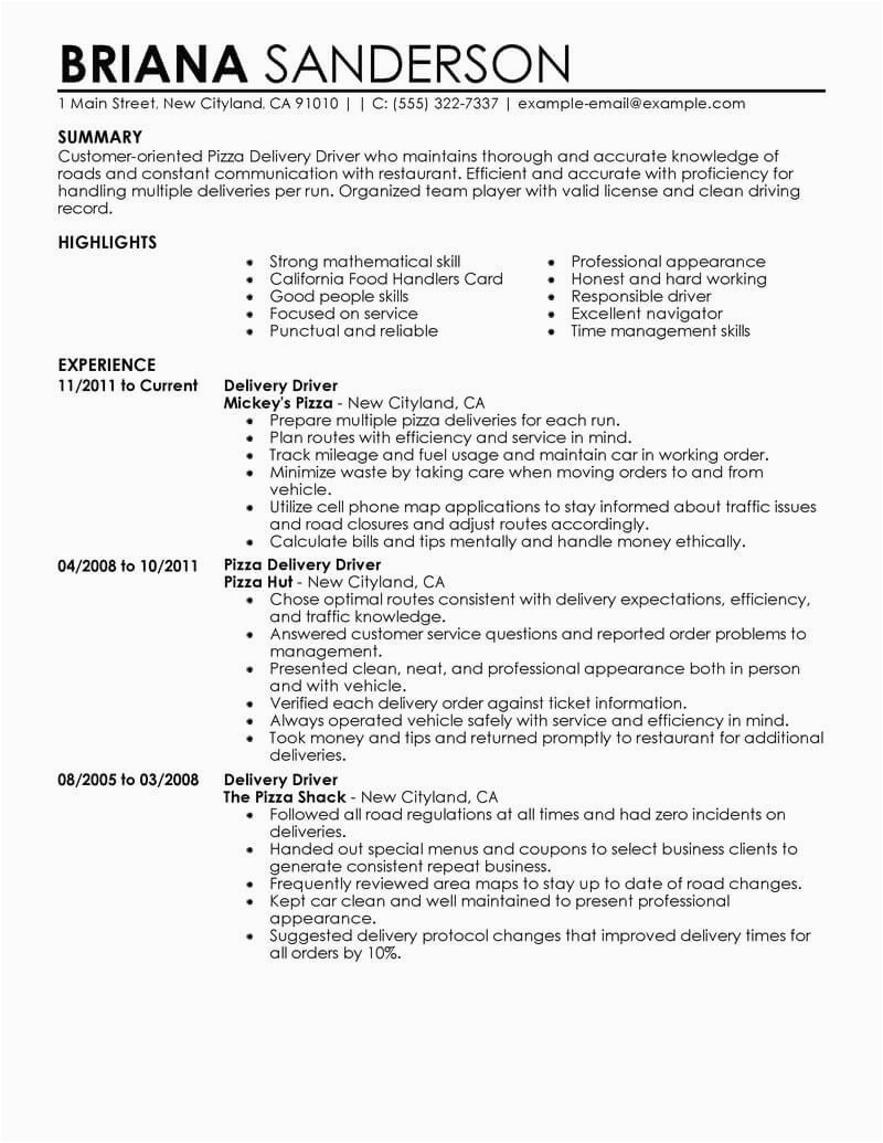 Sample De Resume Para Delivery Man Best Pizza Delivery Drivers Resume Example From Professional Resume
