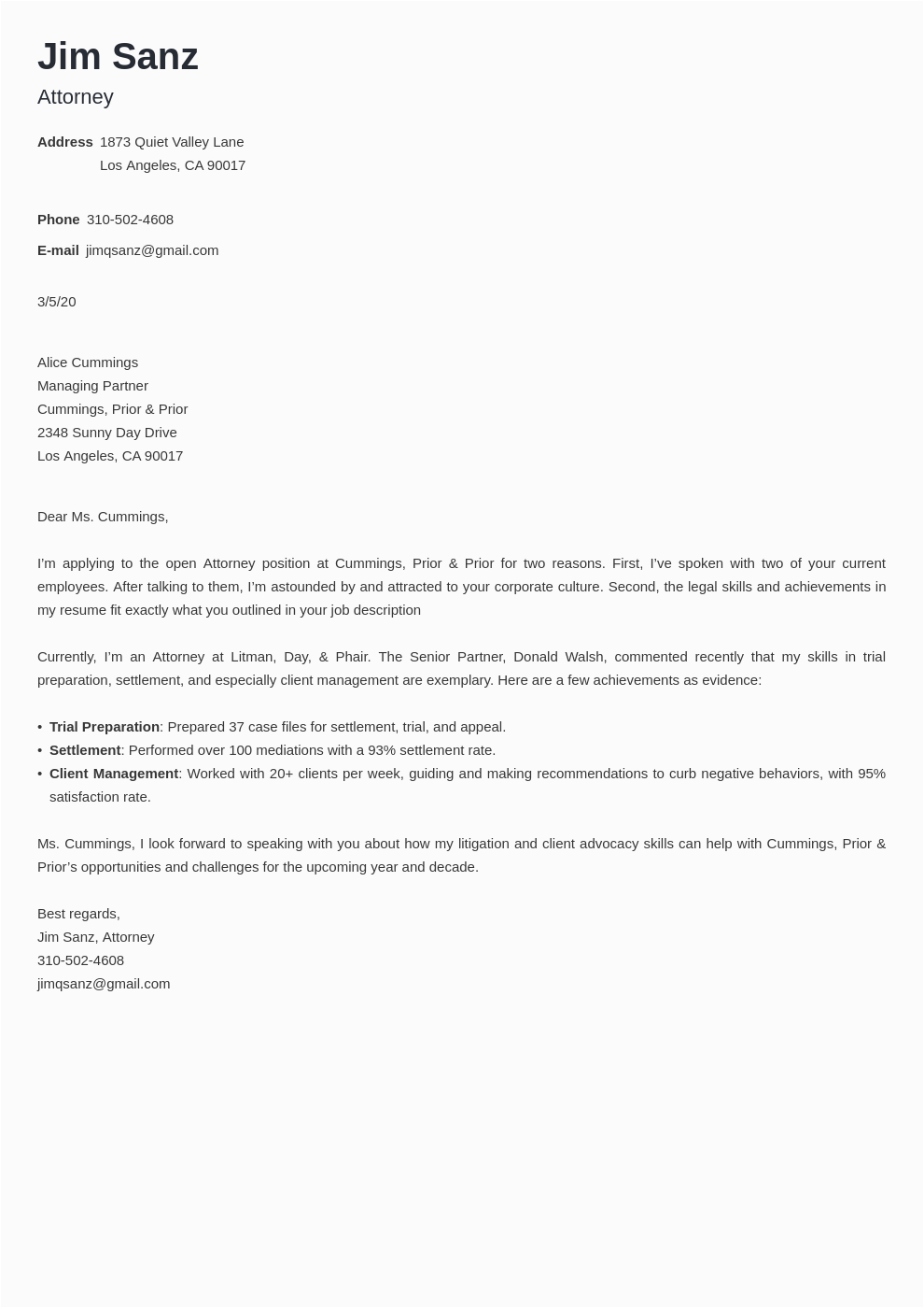 Sample Legal Cover Letter for Resume attorney Cover Letter Samples & Writing Guide