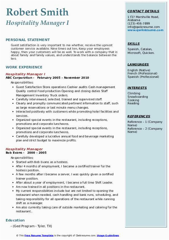 Sample Objective In Resume for Hospitality Industry Hospitality Manager Resume Samples