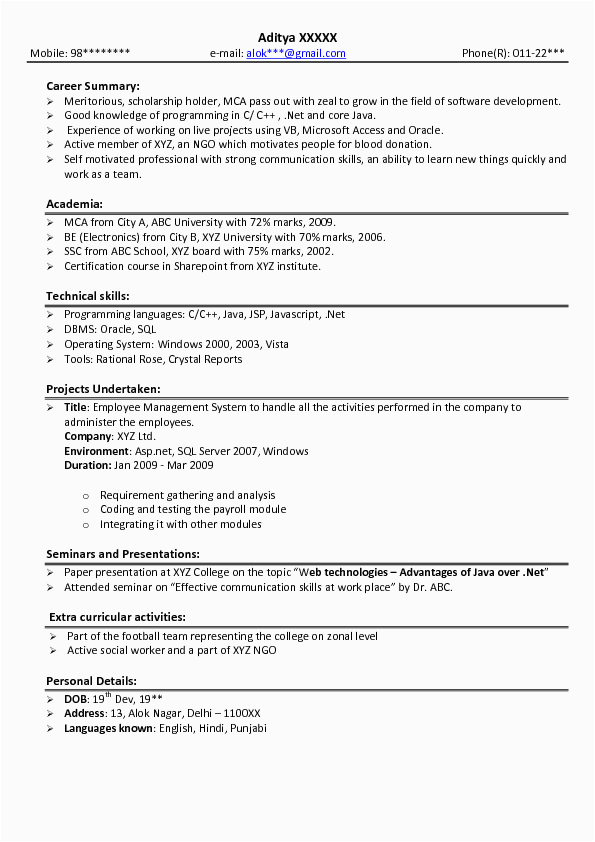 Sample Objective Of Resume for Freshers Sample Resume format for Bca Freshers