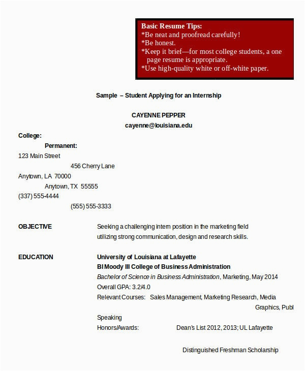 Sample Of College Student Resume for Internship College Student Resume 13 Free Word Pdf Documents Download
