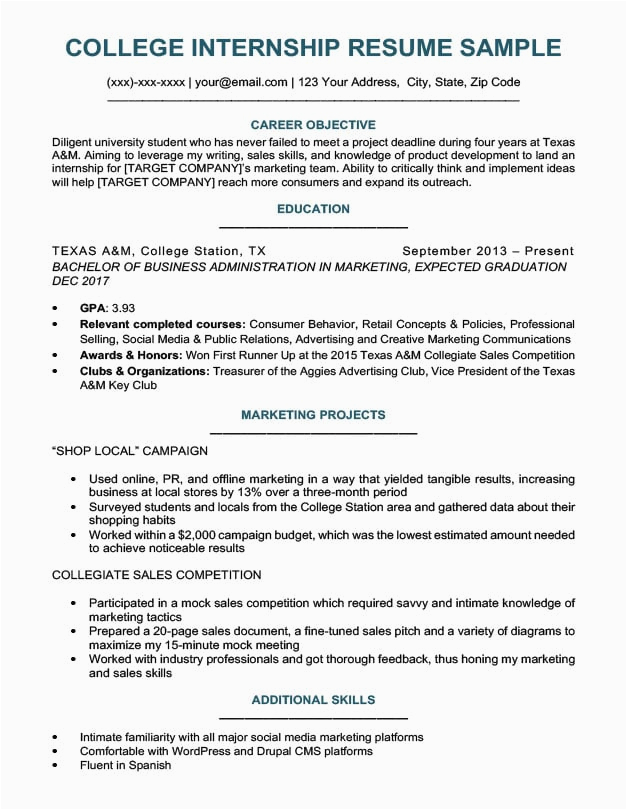 Sample Of College Student Resume for Internship College Student Resume Sample & Writing Tips