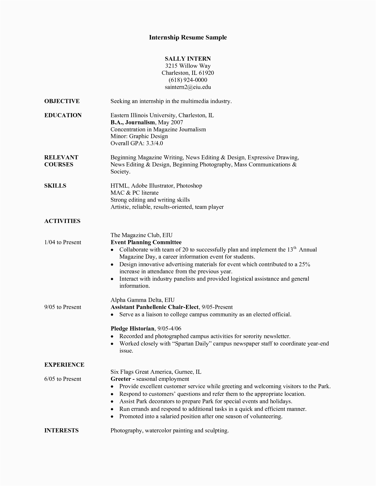 Sample Of College Student Resume for Internship Student Resume Example Sample College Internship Samples Students
