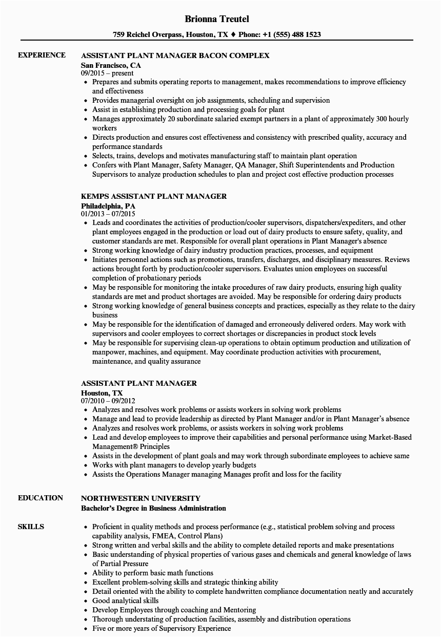 Sample Of Resume for Chicken Plant Trainee assistant Plant Manager Resume Samples