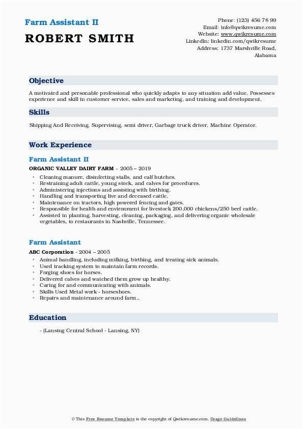 Sample Of Resume for Chicken Plant Trainee Farm assistant Resume Samples