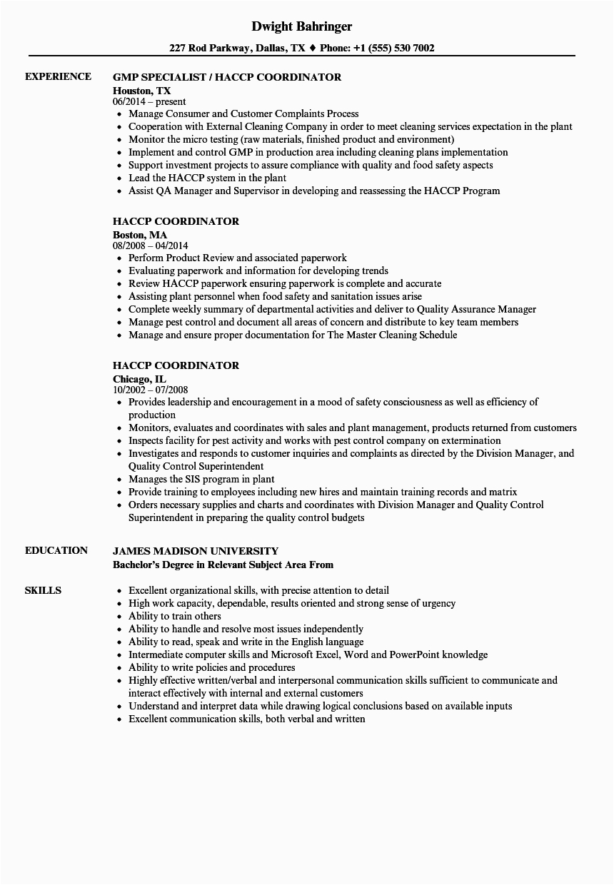 Sample Of Resume for Chicken Plant Trainee Haccp Coordinator Resume Samples