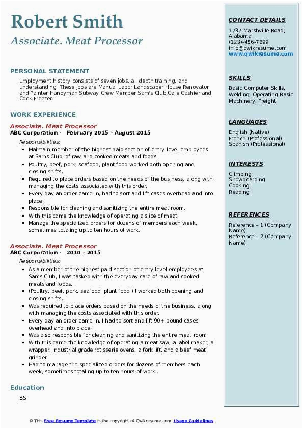 Sample Of Resume for Chicken Plant Trainee Meat Processor Resume Samples