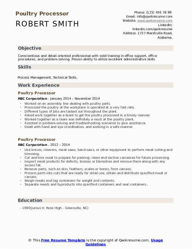 Sample Of Resume for Chicken Plant Trainee Poultry Processor Resume Samples
