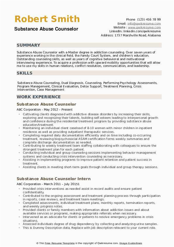 Sample Resume Cover Letter for A Substance Abuse Counselor Entry Level Substance Abuse Counselor Resume