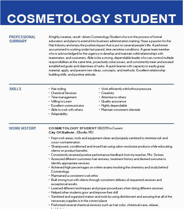 Sample Resume for A Cosmetology Student Cosmetology Student Resume Example Pany Name Baltimore Maryland