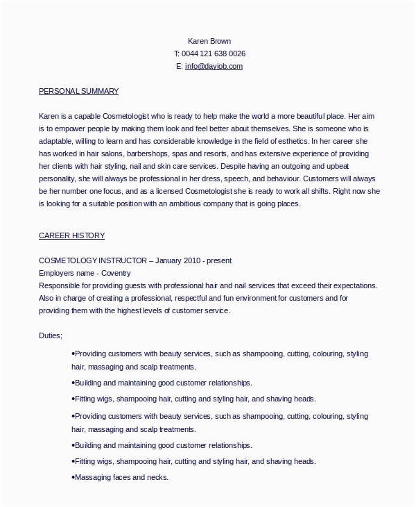 Sample Resume for A Cosmetology Student Free 6 Sample Cosmetology Resume Templates In Pdf